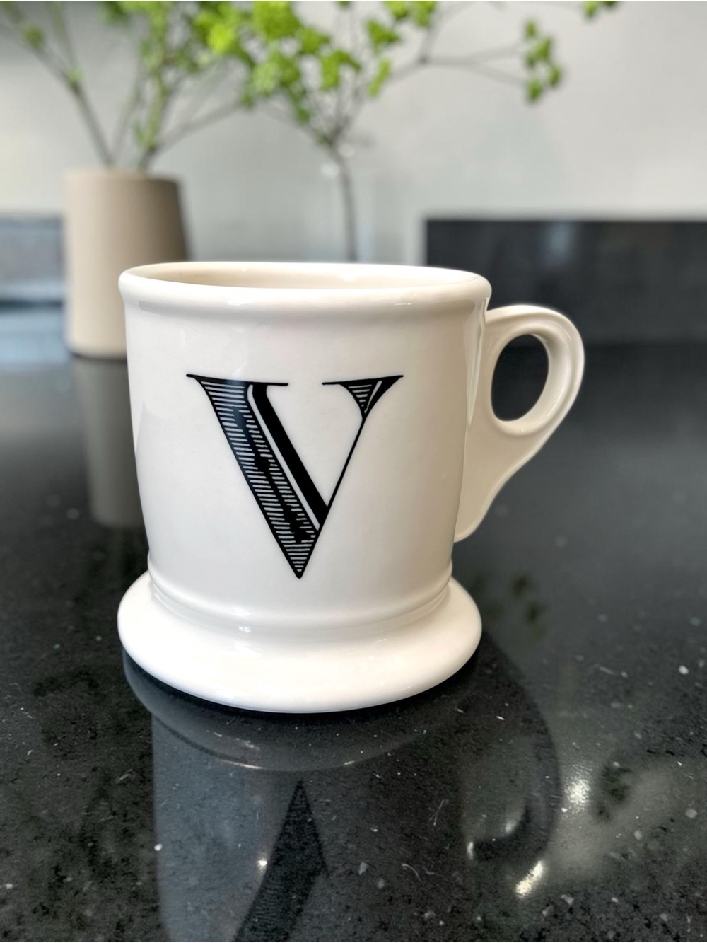 Monogram Letter V Mug by Anthropologie White & Black Ceramic Coffee Cup
